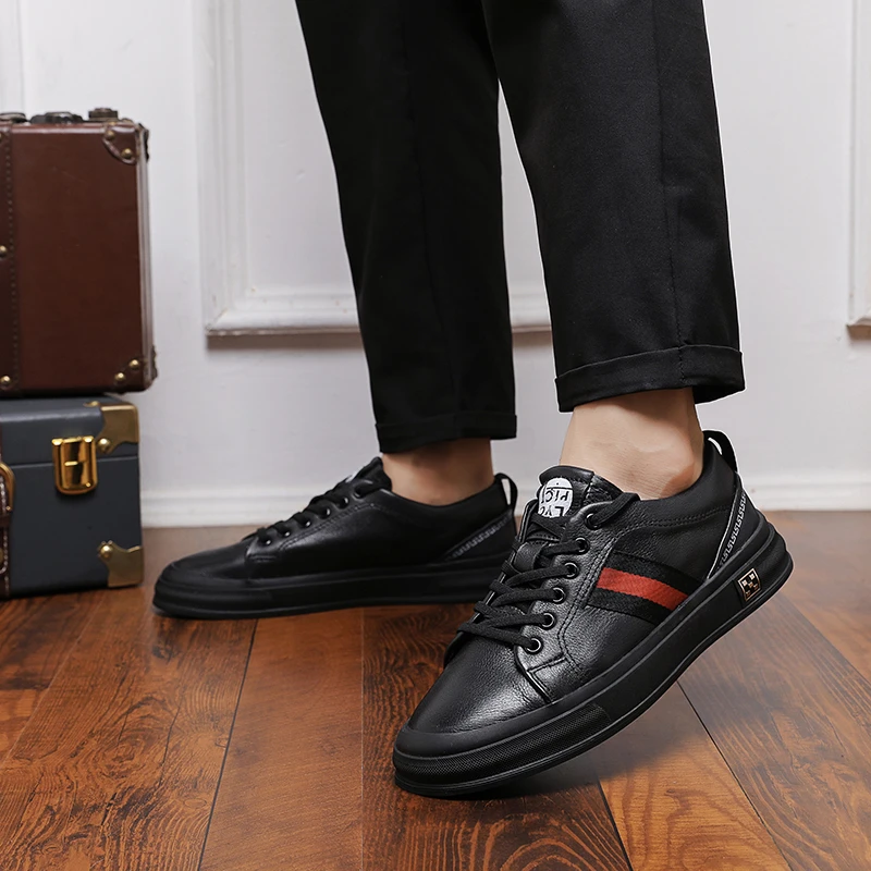 头层牛皮2025新款黑色男士板鞋厚底透气运动休闲鞋皮鞋男潮鞋百搭