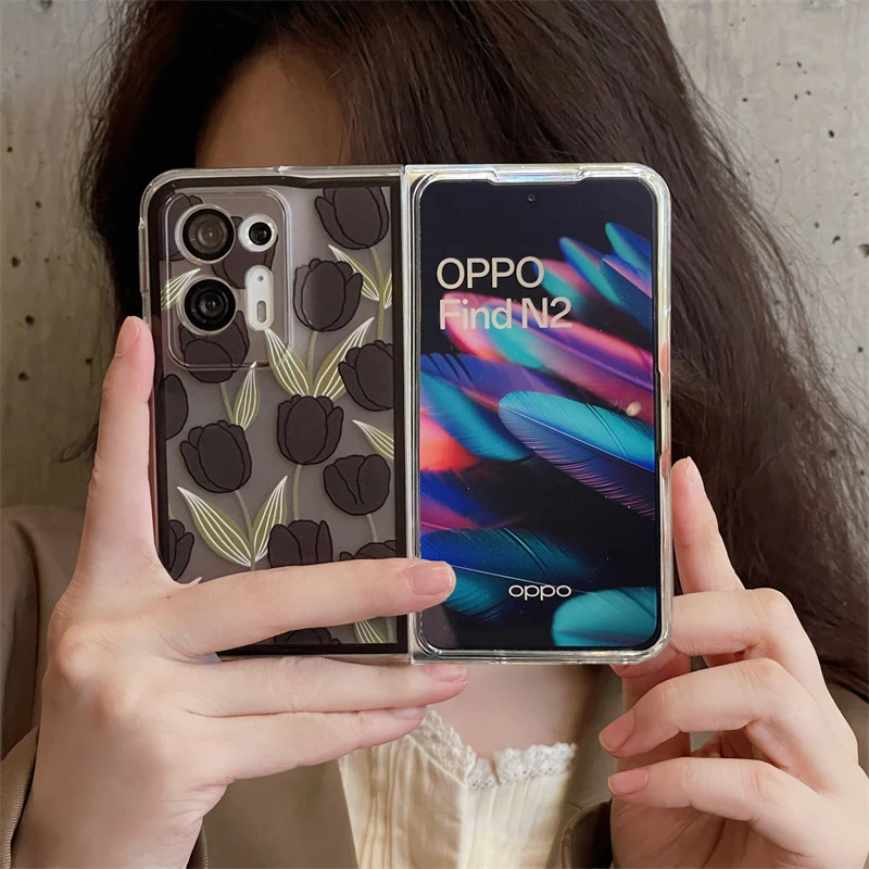 黑色郁金香复古OPPO Find N2折叠手机壳insOPPO Find N小众创意硬