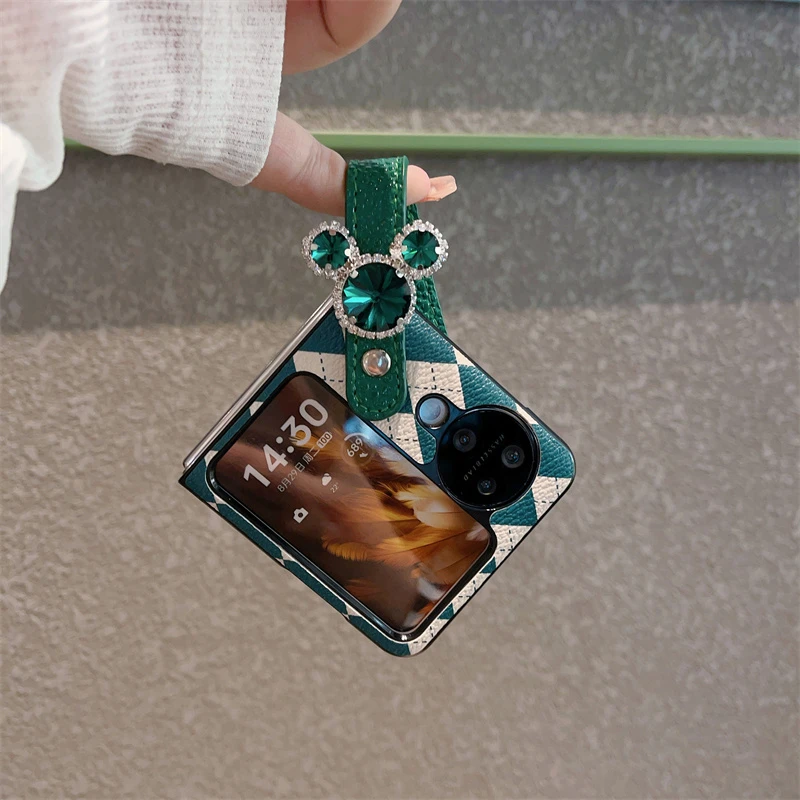 绿色菱格米奇镶钻腕带适用OPPO Find N3flip折叠屏手机壳N2flip硬