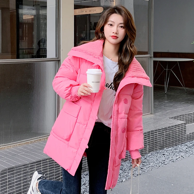 2023年冬季新款大翻领棉服女时尚保暖收腰显瘦韩版中长款棉袄外套