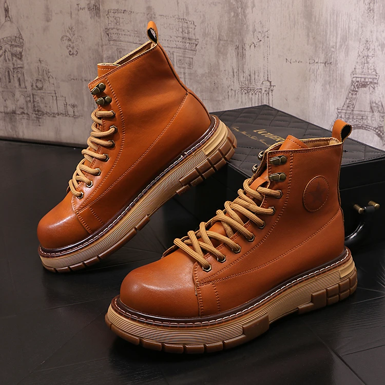复古秋冬短靴男款潮流英伦风高帮厚底皮靴系带时尚工装百搭马丁靴
