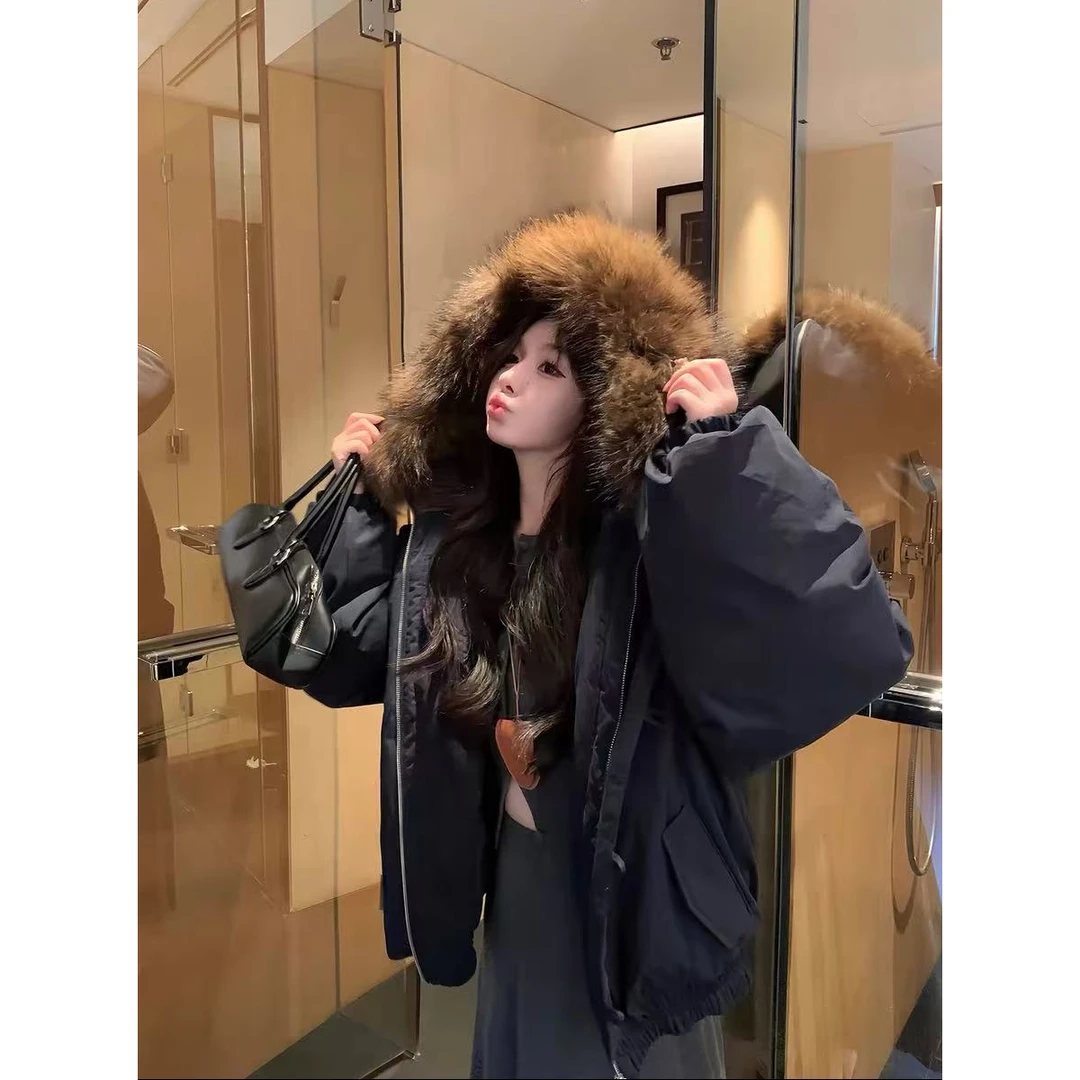 Y88856-复古工装连帽时尚冬季毛毛新款百搭爆款宽松