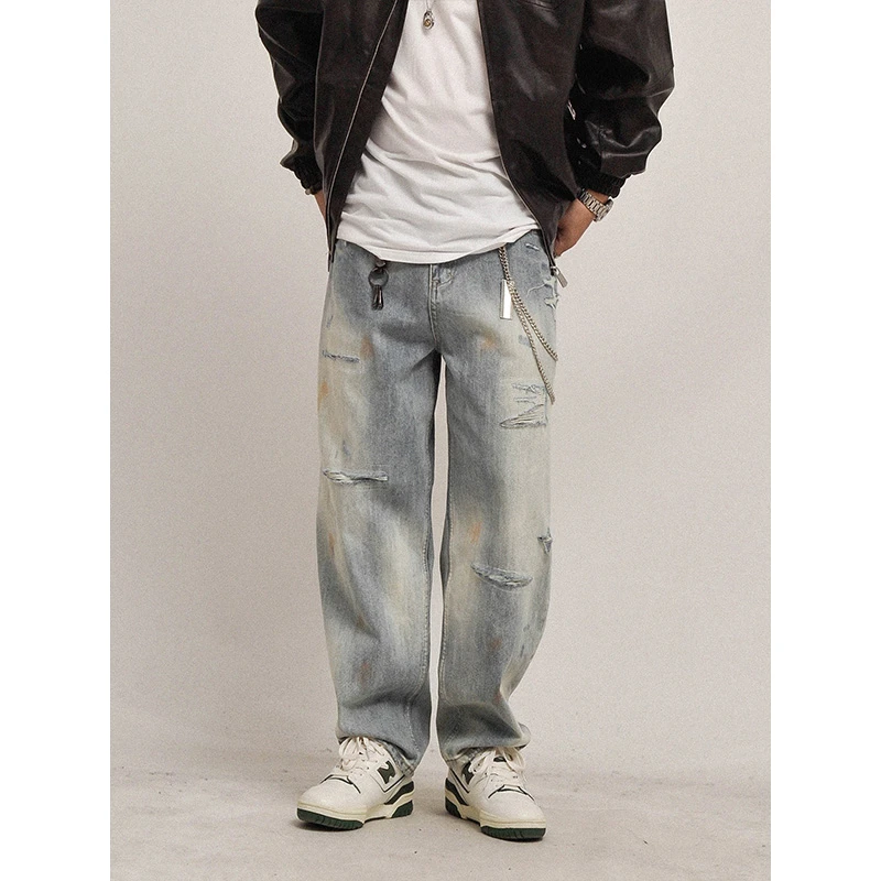 手工喷漆擦色！cleanfit高级感水洗割破直筒宽松复古破洞脏牛仔裤