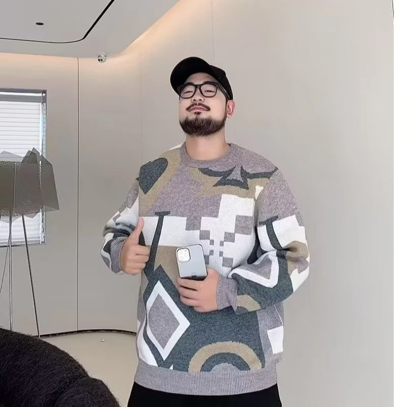 300斤胖胖加大男士毛衣针织衫宽松潮流圆领秋冬提花网红百搭休闲