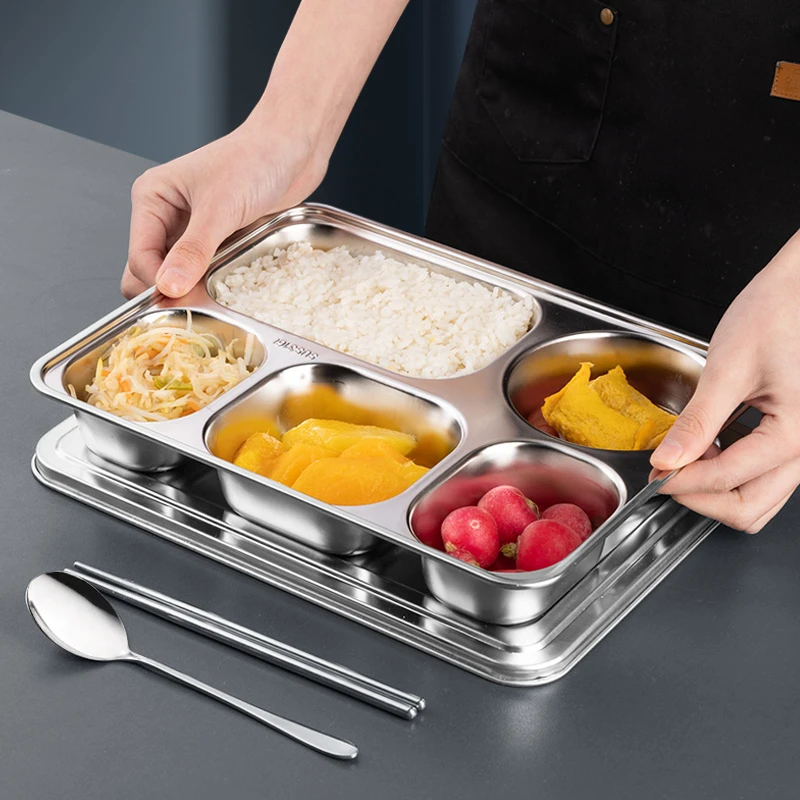 316不锈钢分格餐盘子家用儿童分隔长方形学生大人饭盘餐具