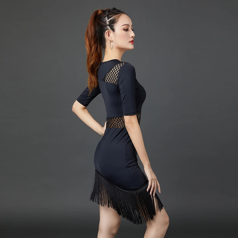 拉丁舞演出服春夏气质性感中袖黑色高端流苏拉丁舞连衣裙时尚蕾丝