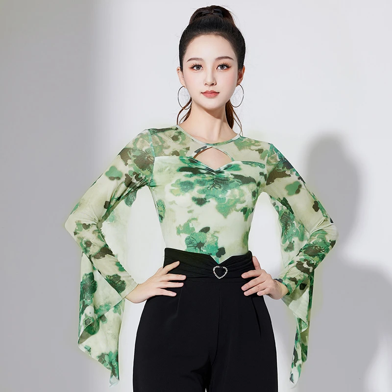 拉丁舞服女新款长袖舞衣交谊舞网纱飘袖时尚舞蹈服2023摩登舞上衣