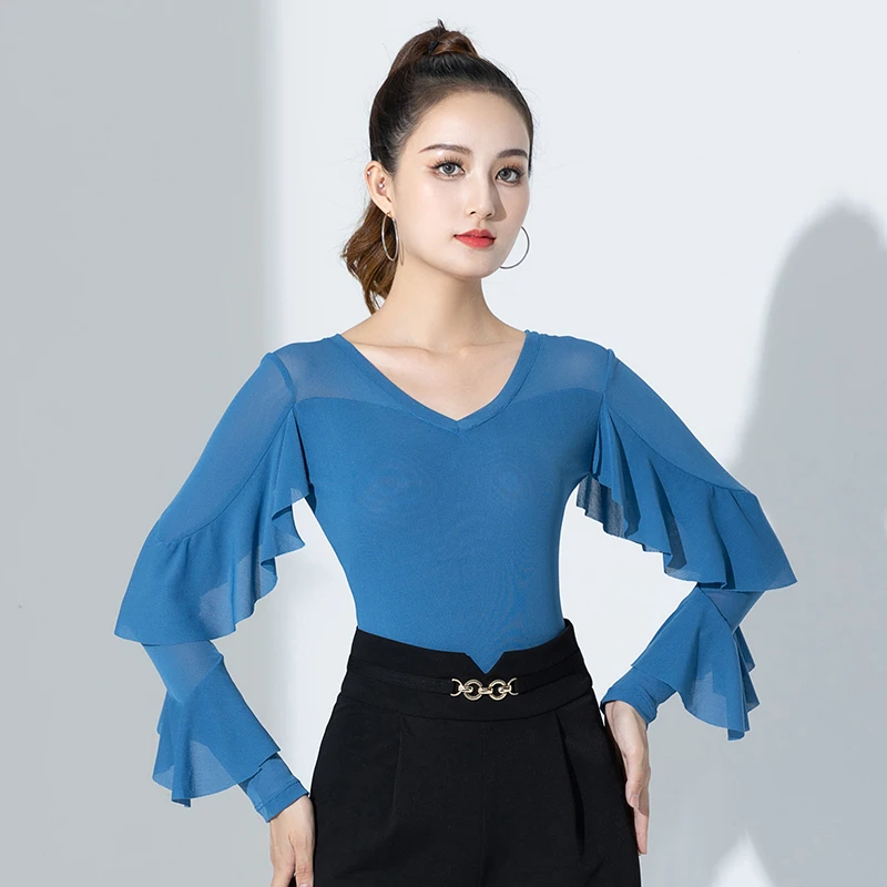 拉丁舞服装跳舞衣形体训练女练功礼仪摩登舞蹈上衣长袖黑色飞飞袖