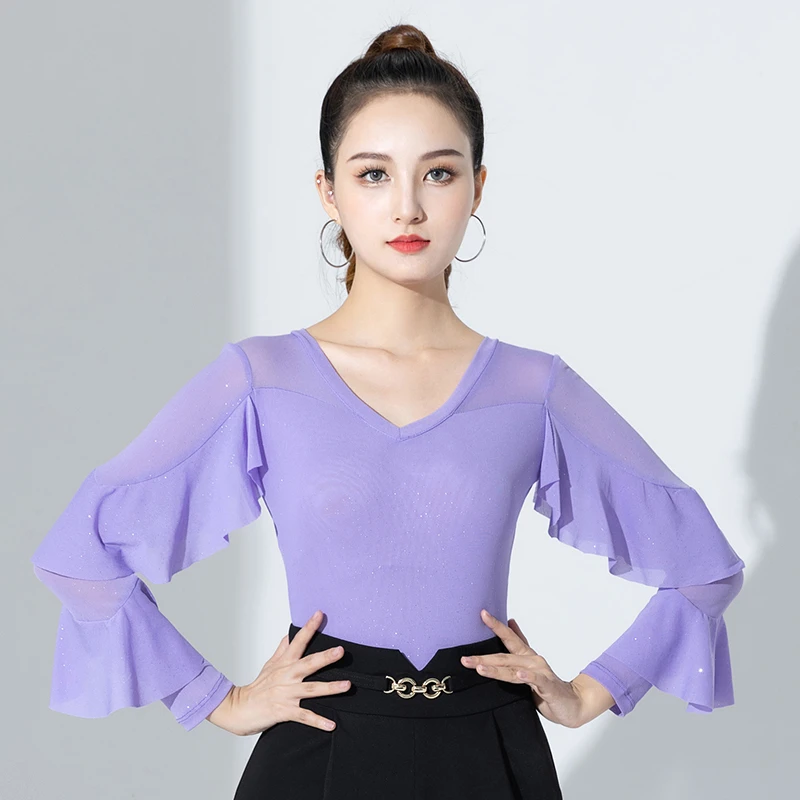 时尚拉丁舞练功服女显瘦舞蹈上衣长袖摩登紫色连体性感交谊舞服装