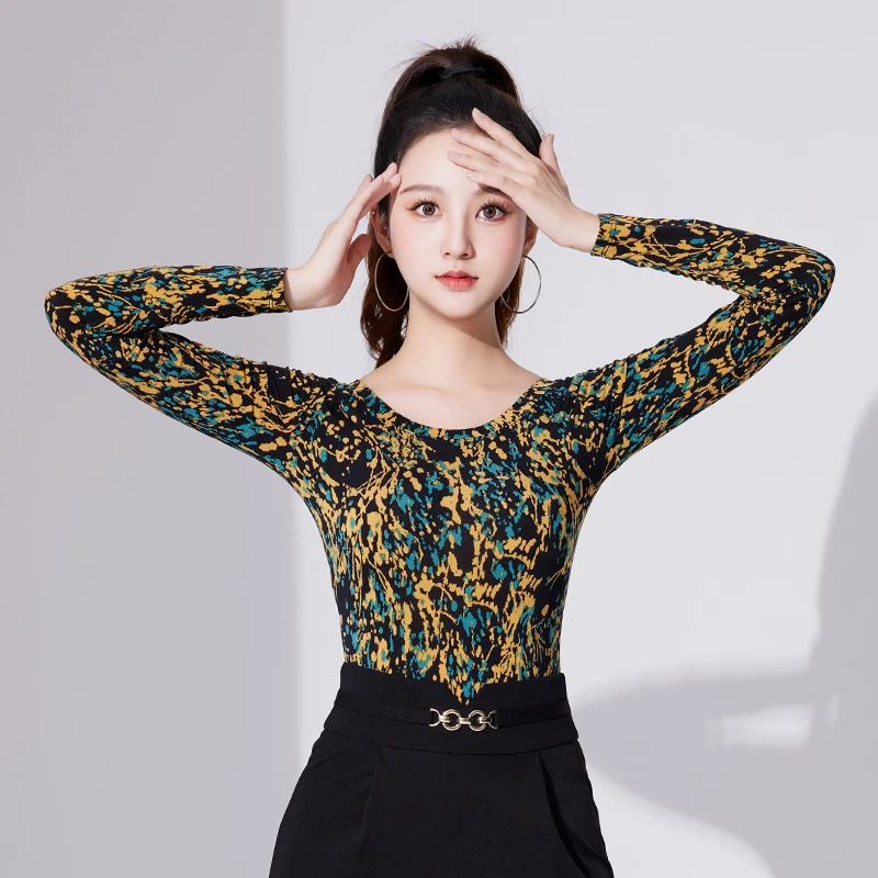 拉丁舞上衣圆领舞蹈服女成年新款长袖漂亮花色摩登舞高级感秋弹力
