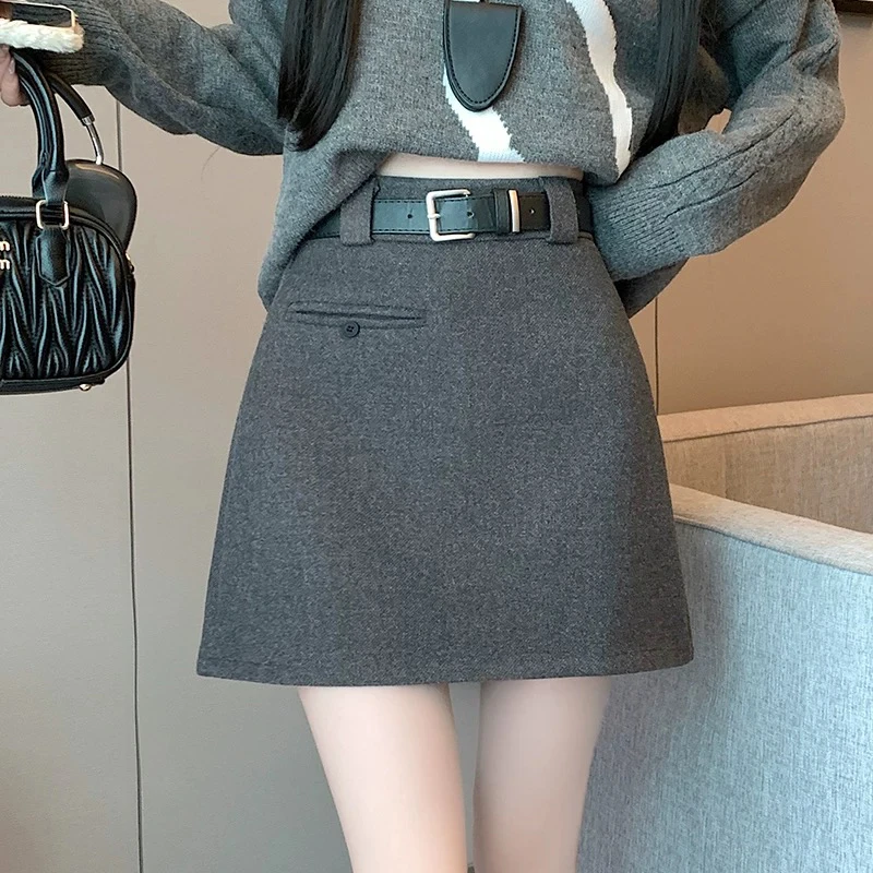设计感加厚毛呢半身裙带皮带9058