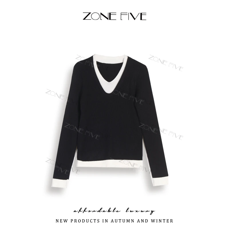 zonefive【不露脸专属】V领假两件撞色针织衫5677