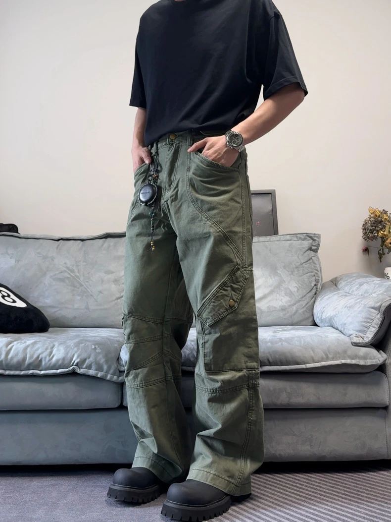 峡谷裤神美式复古水洗cleanfit重工拼接宽松直筒多口袋工装裤