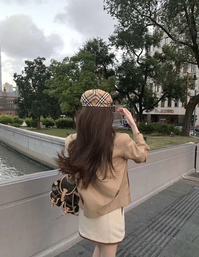 【东京日落】定制卡其色格子风衣夹克外套高级感短款法式上衣短裙