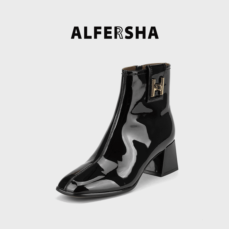 alfersha/阿芙莎 广系联名款3320596新款百搭气质时尚H金属扣粗跟短靴
