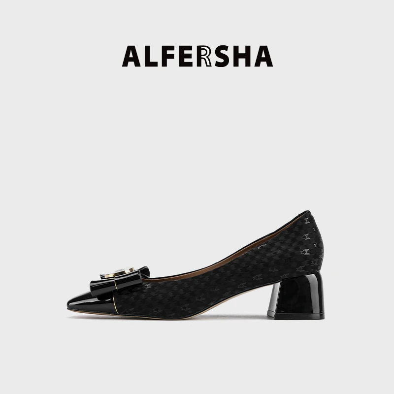 2025春款四季单鞋阿芙莎923639新款法式花纹时尚蝴蝶结粗跟单鞋