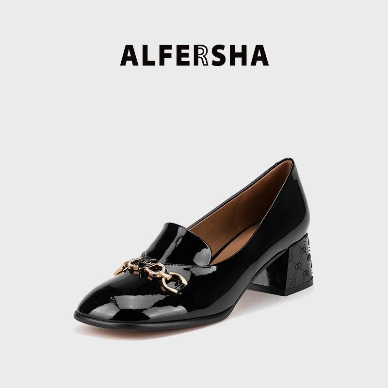 2025春款黄奕代言阿芙莎923665新款百搭金属扣粗跟方头单鞋