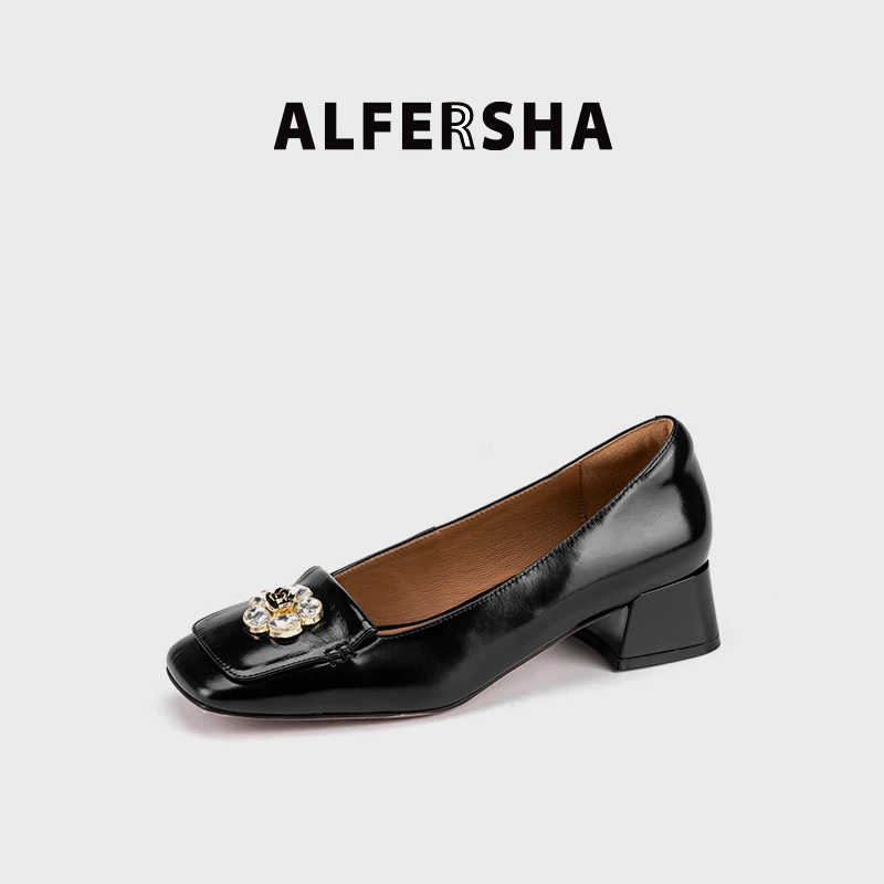 四季单鞋阿芙莎2619356方头气质休闲山茶花水晶扣件女鞋