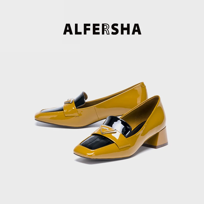 2025春款黄奕代言阿芙莎9908285新款拼色法式水钻扣粗跟单鞋