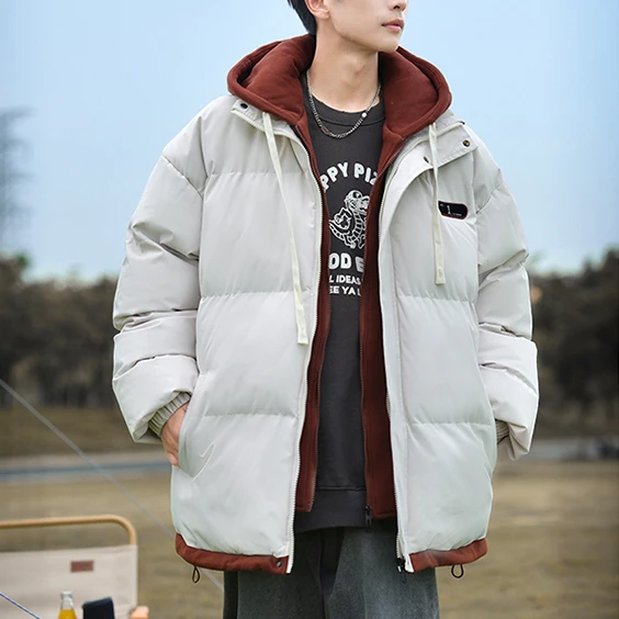 潮流棉服假两件棉衣服男日系连帽宽松开衫纯色休闲潮流棉袄男士