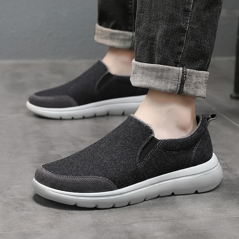 新款春秋健步休闲鞋一脚蹬男鞋轻便软底舒适毛毡运动鞋牛皮男