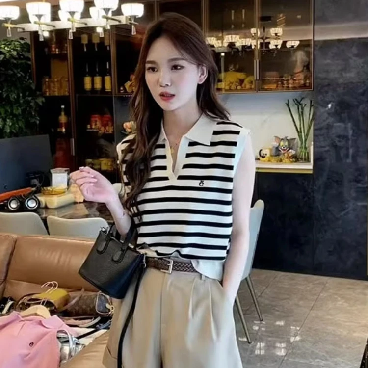 学院风薄款休闲翻领针织外穿女装夏季冰丝背心polo领无袖坎肩上衣