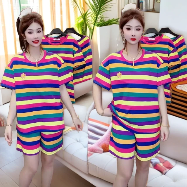 网红爆款大码韩版百搭半袖家居时尚洋气显瘦休闲宽松条纹睡衣套装