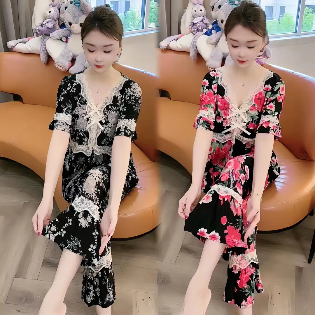 网红爆款大码碎花夏季女套装女士韩版时尚洋气宽松显瘦可外穿睡衣