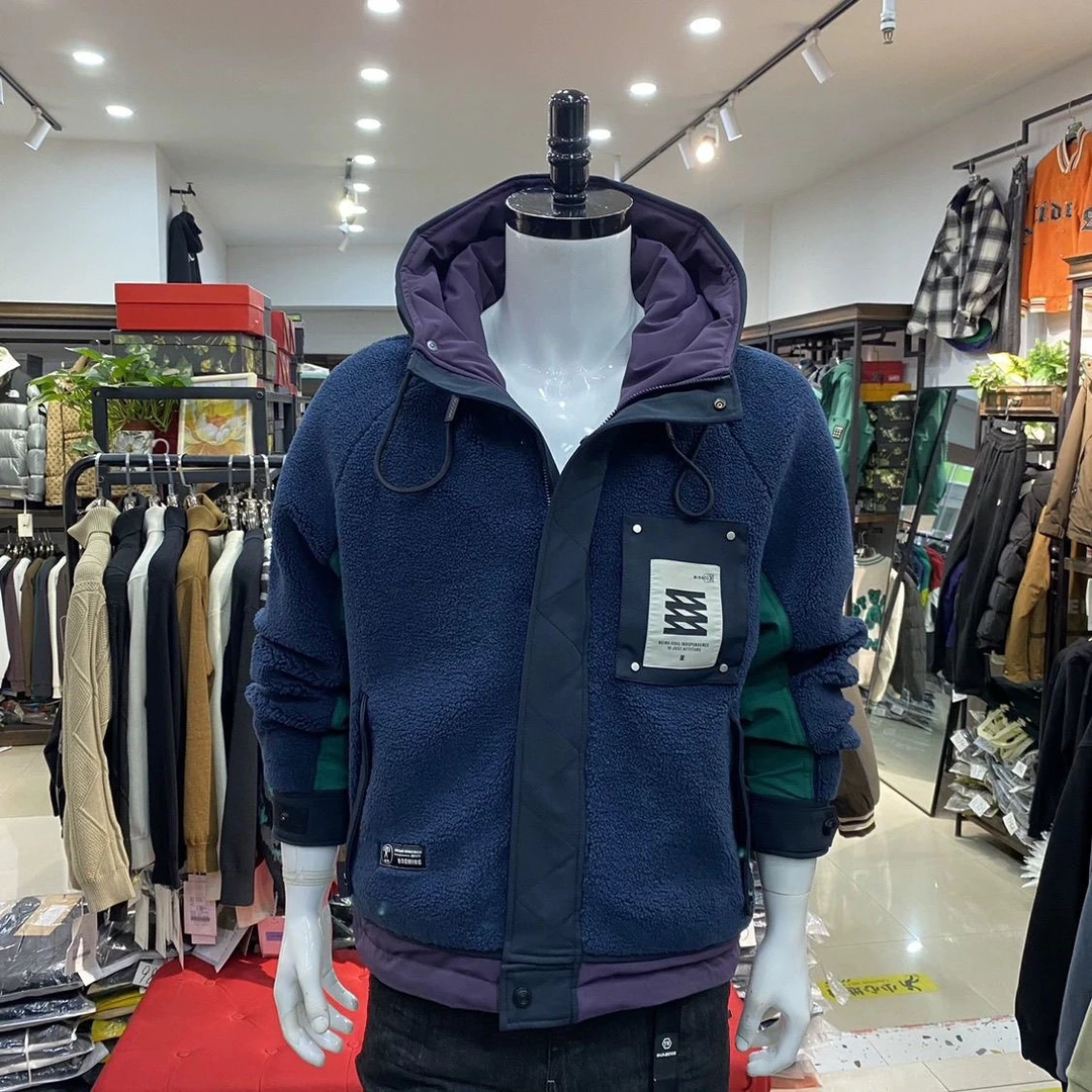 羊羔绒冬季加厚男士拼接短款羽棉服时尚连帽休闲保暖外套气质保暖