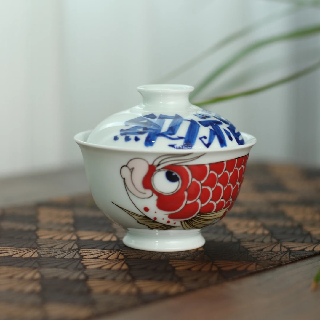 昨明手绘纳福龙鱼盖碗国潮国风原创设计景德镇茶具自用送礼
