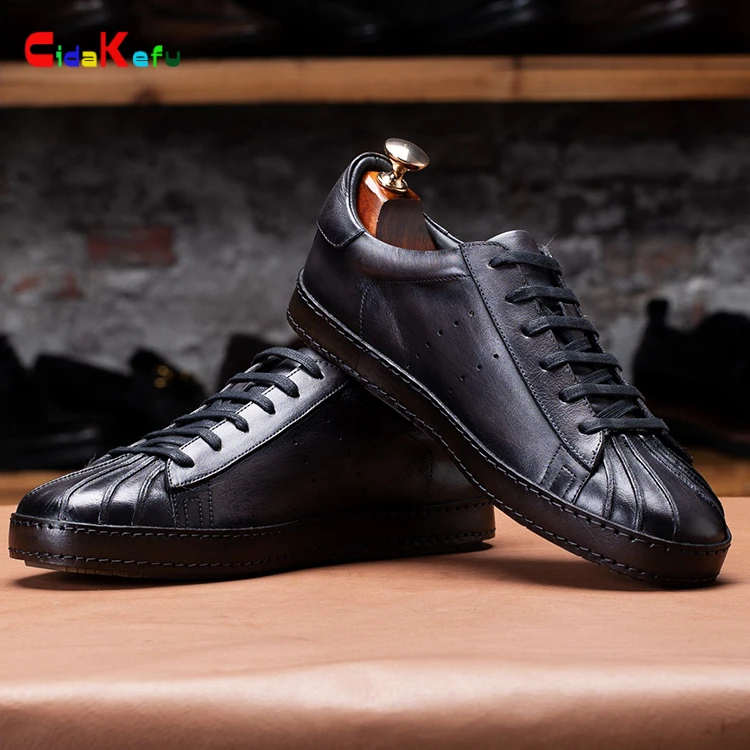 男士休闲板鞋贝壳头手工擦色头层牛皮百搭低帮皮鞋潮鞋时尚真皮