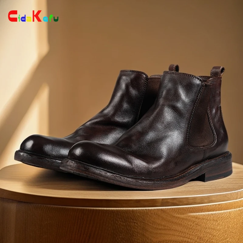手工切尔西靴重工水洗复古马皮马丁靴秋冬男士真皮大底工装靴冬季