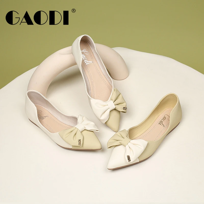 高蒂法式撞色蝴蝶结气质尖头平底通勤瓢鞋34372-610浅口