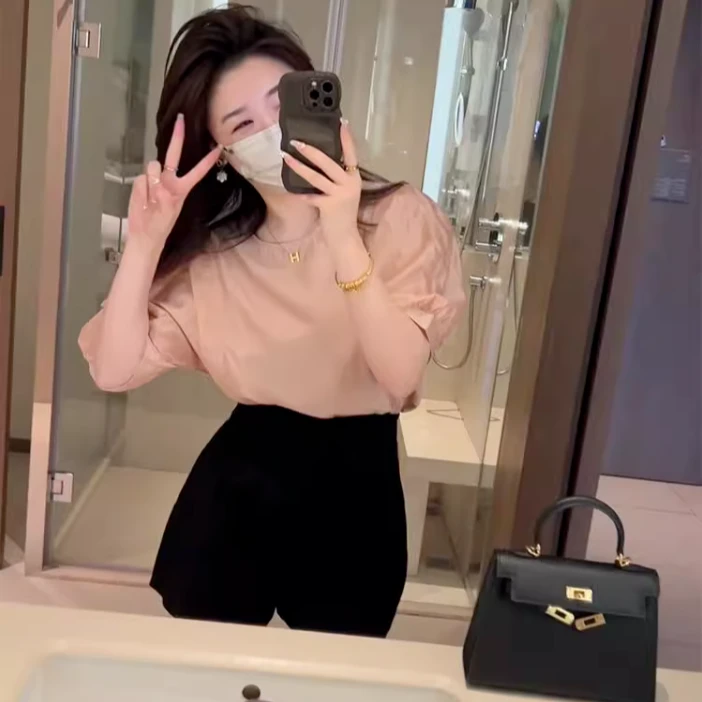 短款短袖上衣轻奢女神宽松型百搭气质蕾丝夏季简约天丝衫网红