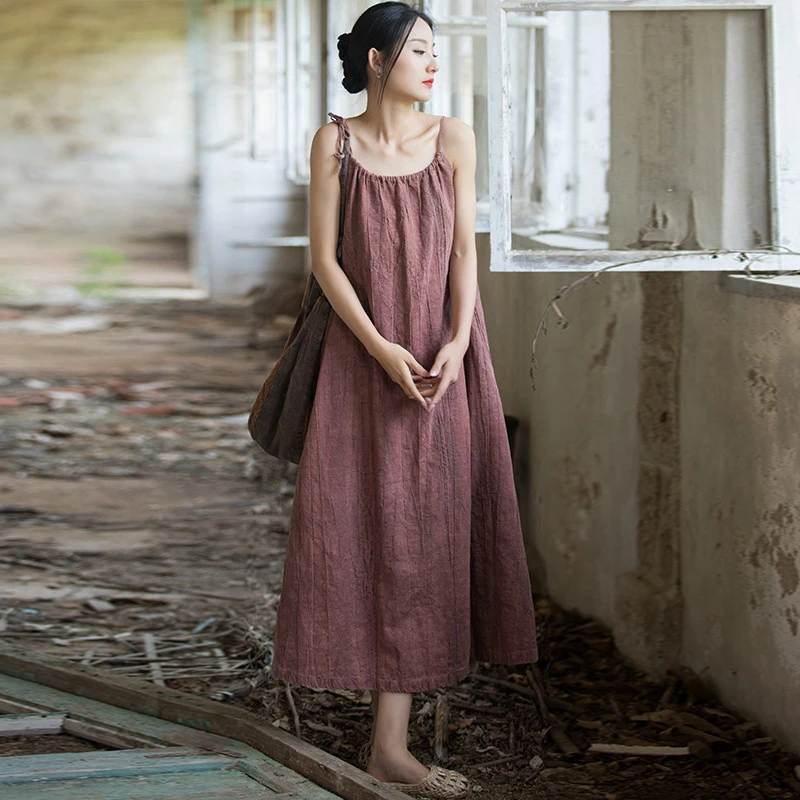 苎麻扎染连衣裙女吊带长裙宽松复古夏季显瘦气质文艺休闲女装裙子