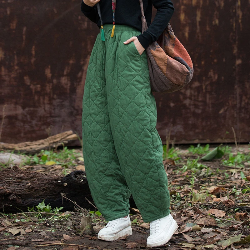 冬季夹棉菱格禅意棉裤加厚保暖松紧腰休闲裤文艺宽松百搭女款长裤
