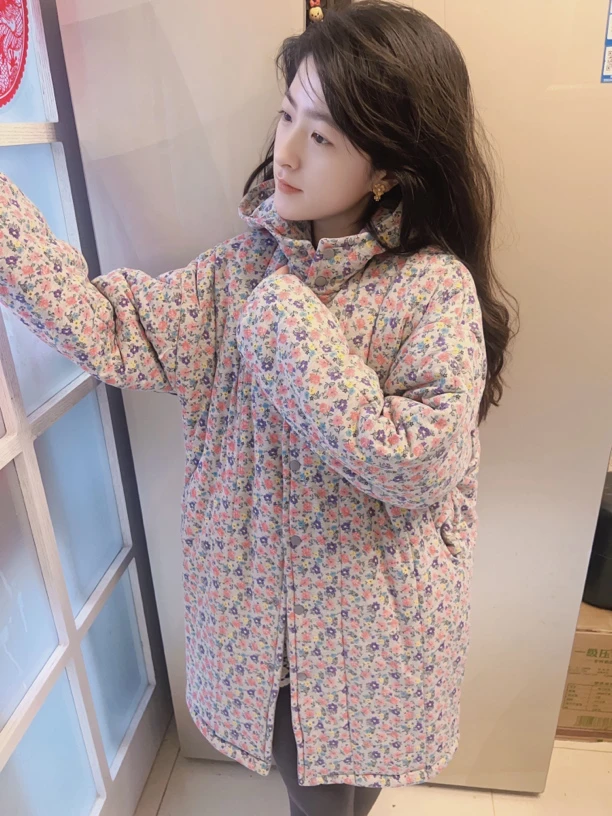 CBLM家300g新疆棉【灰色小花】戴帽中长宽松显瘦家居服