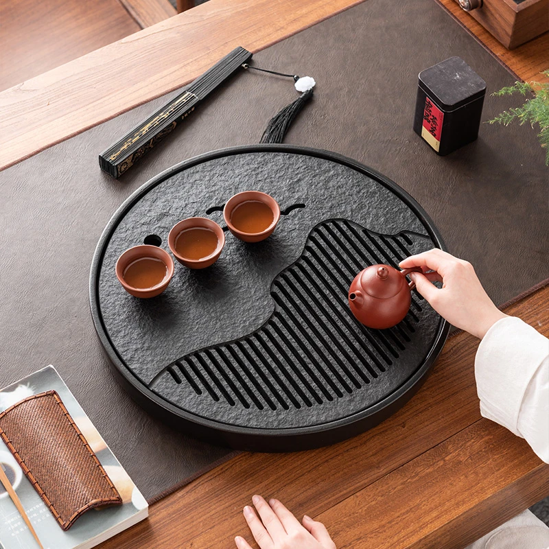 远山圆形陶瓷密胺底乌金石茶盘储排两用小型办公家用茶台茶具托盘