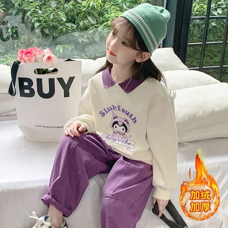 女童加绒卫衣秋装2024新款洋气童POLO衫柔软秋季长袖亲肤休闲卡通