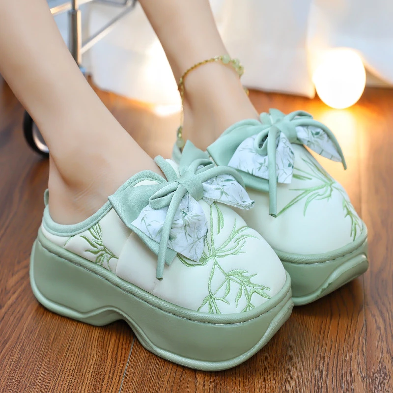 国风苏绣棉拖鞋女秋冬可外穿加绒室内家居保暖厚底防水防滑棉拖鞋