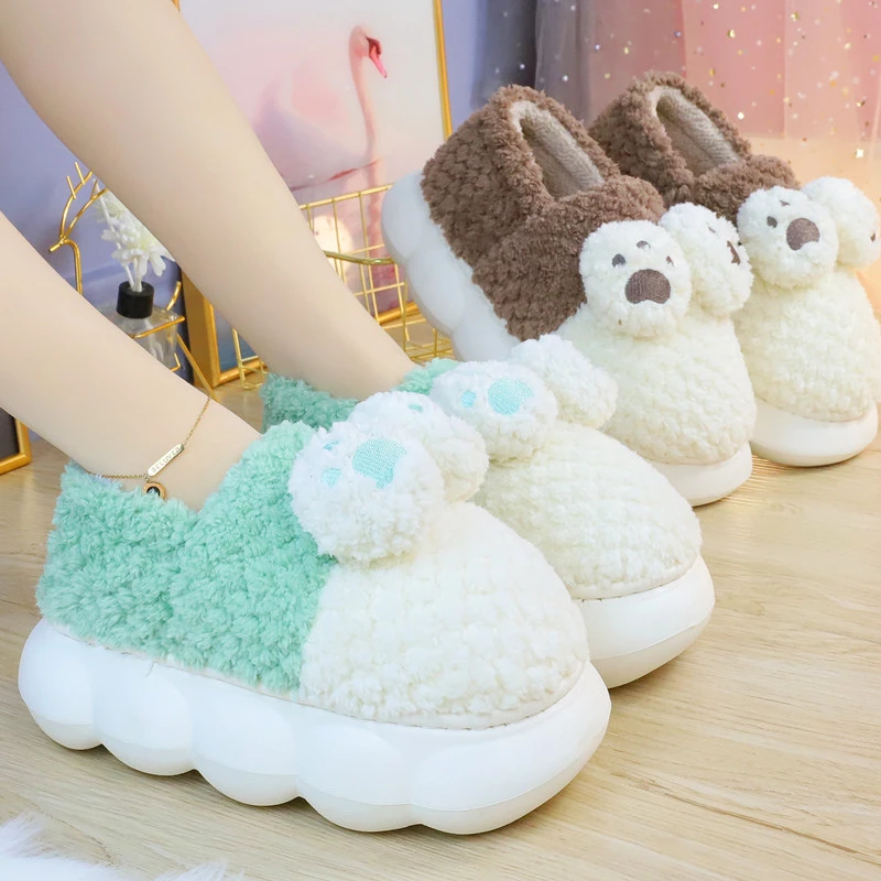 秋冬季网红女士包跟居家厚底踩屎感卡通棉鞋防滑情侣外穿毛绒毛拖