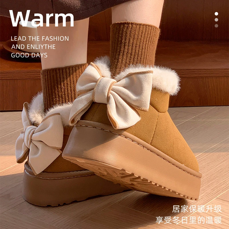 冬季新款蝴蝶结棉鞋女厚底时尚雪地靴甜美加绒加厚保暖短靴