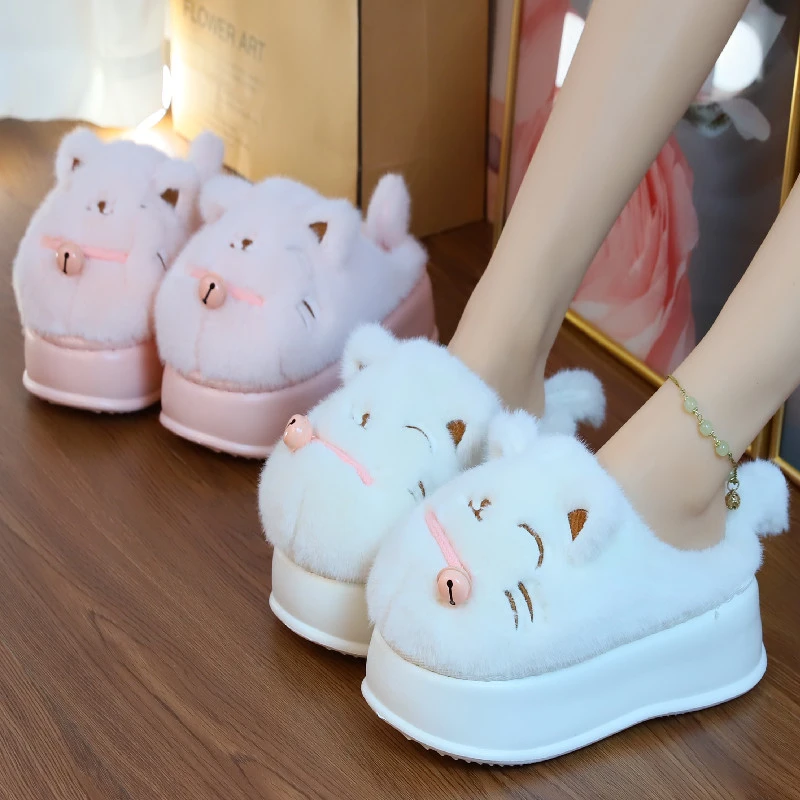 秋冬季女士高跟棉拖鞋可爱卡通厚底居家保暖坡跟防滑加厚毛毛鞋