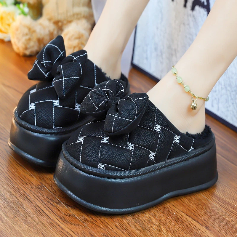 新款冬季棉拖鞋女时尚蝴蝶结室内家居厚底保暖加绒防水防滑拖鞋