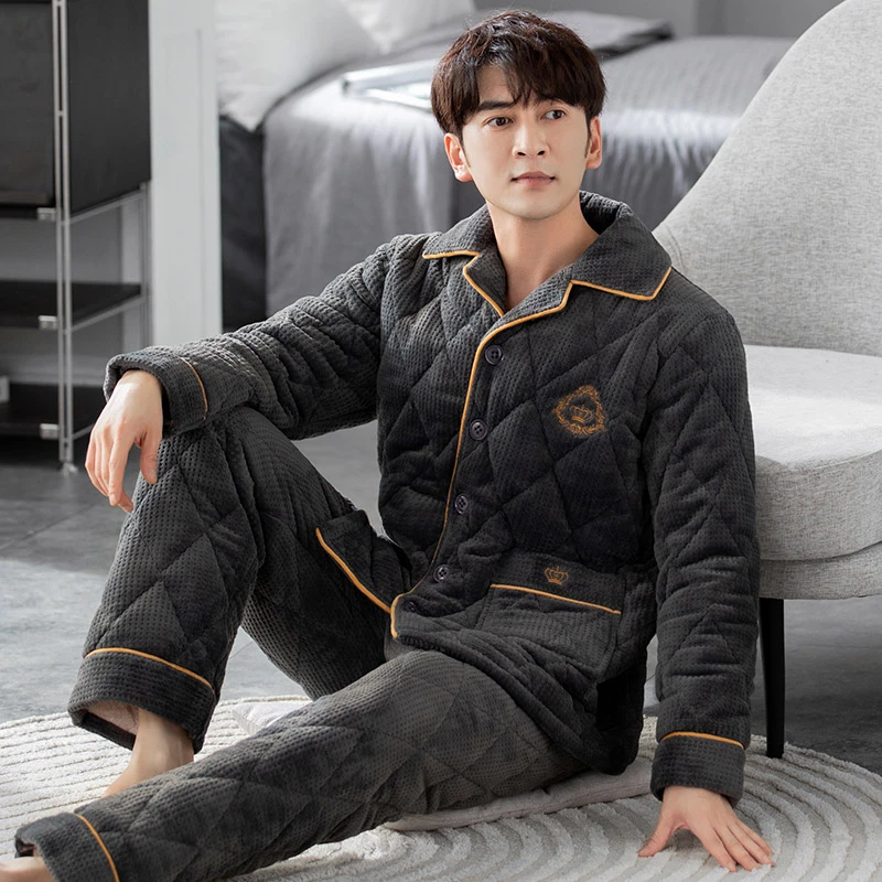 2023冬季加绒加厚高端家居服三层夹棉翻领睡衣套装男款厚家居服