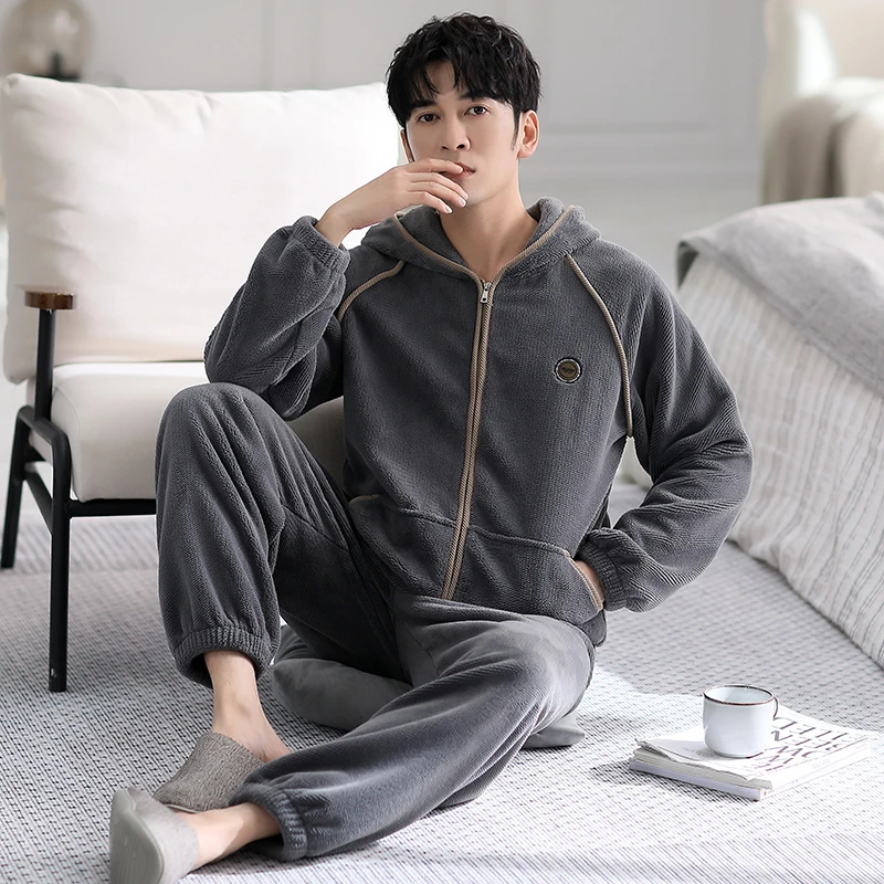 2024男士连帽暖绒冬季家居服可外出高档睡衣可外穿男款高端套装