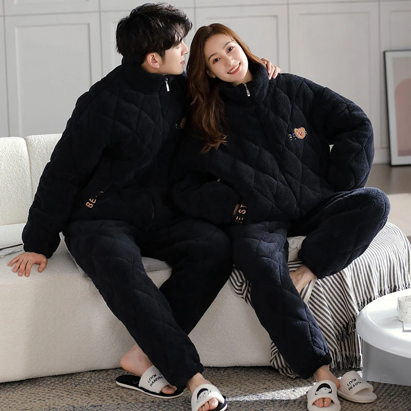 2024冬季加绒加厚高端家居服三层夹棉立领睡衣套装男女款厚家居服