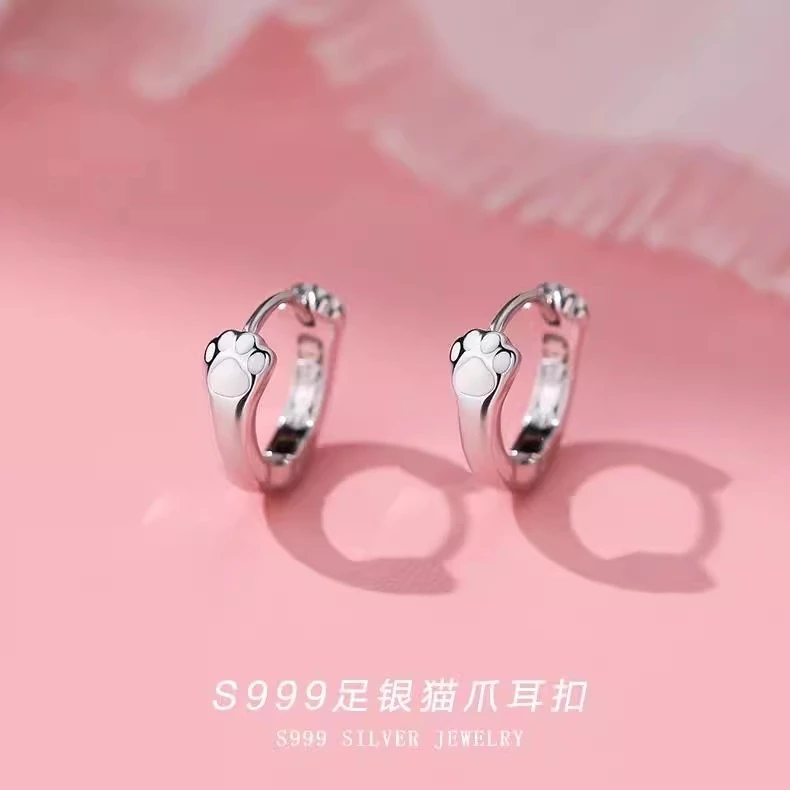 足银耳饰 S999纯银针猫爪耳扣耳饰百搭可爱甜美时尚简约小众气质