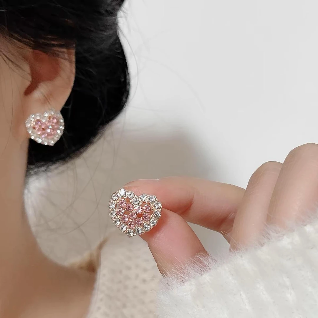 925银耳饰 纯银针粉色爱心耳钉新款爆款闪钻甜美高级感轻奢百搭潮