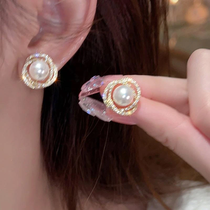 925银耳饰 纯银针法式珍珠耳钉小众设计感镶钻气质高级感耳环轻奢